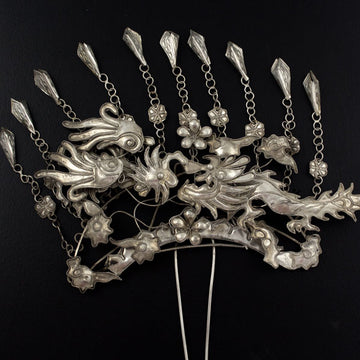 Handmade Miao Filigreed 2-Prong Costume Hair Stick Dragon and Phoenix w/ Tassels